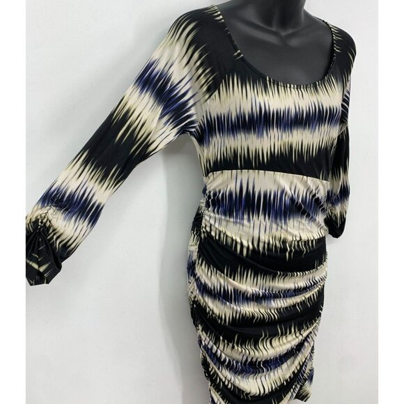 GUESS Womens Dress Size Medium Black Ivory Stripe 3/4 Sleeve Ruched Scoop Sheath - Picture 3 of 7